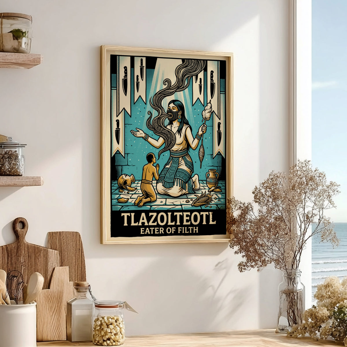 Poster featuring Tlazolteotl Eater of Filth with Aztec symbols in teal and cream tones.