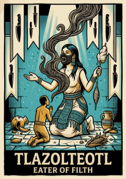Poster featuring Tlazolteotl Eater of Filth with Aztec symbols in teal and cream tones.