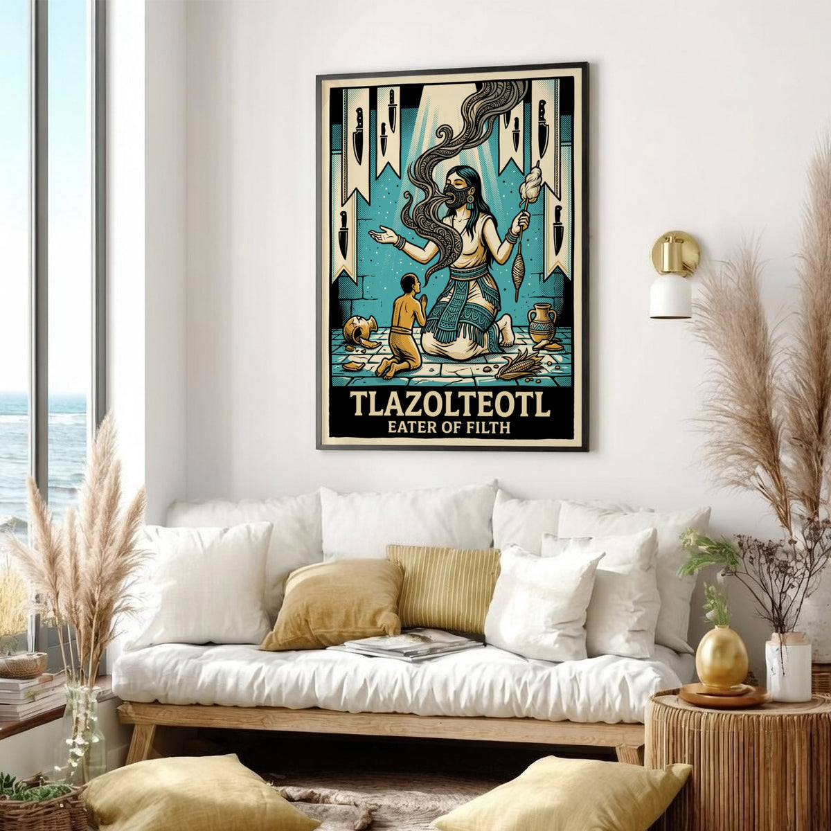 Poster featuring Tlazolteotl Eater of Filth with Aztec symbols in teal and cream tones.