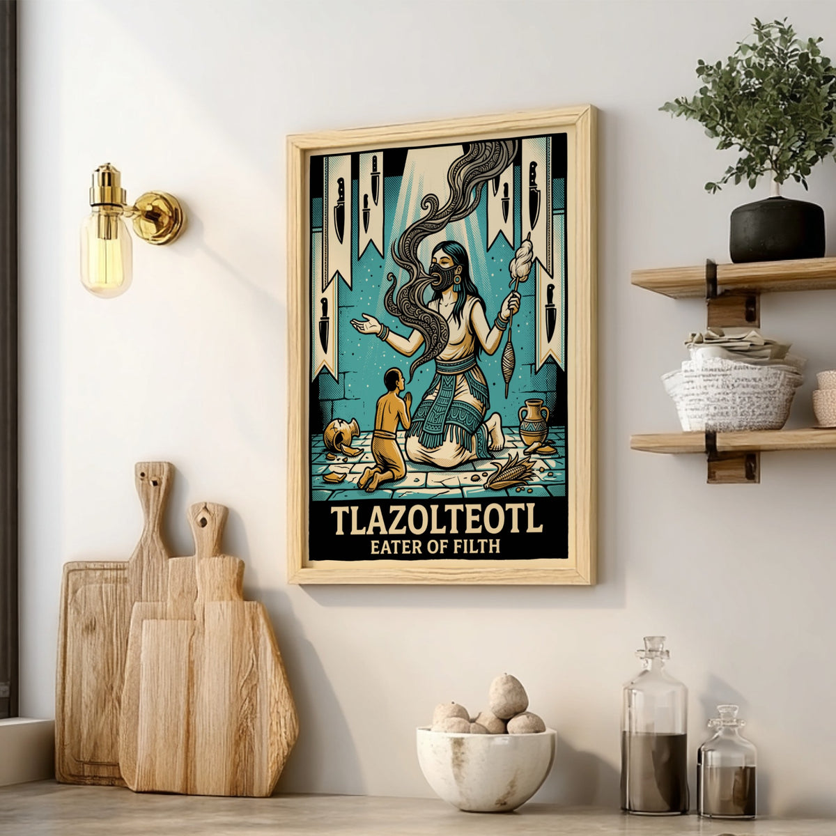 Poster featuring Tlazolteotl Eater of Filth with Aztec symbols in teal and cream tones.