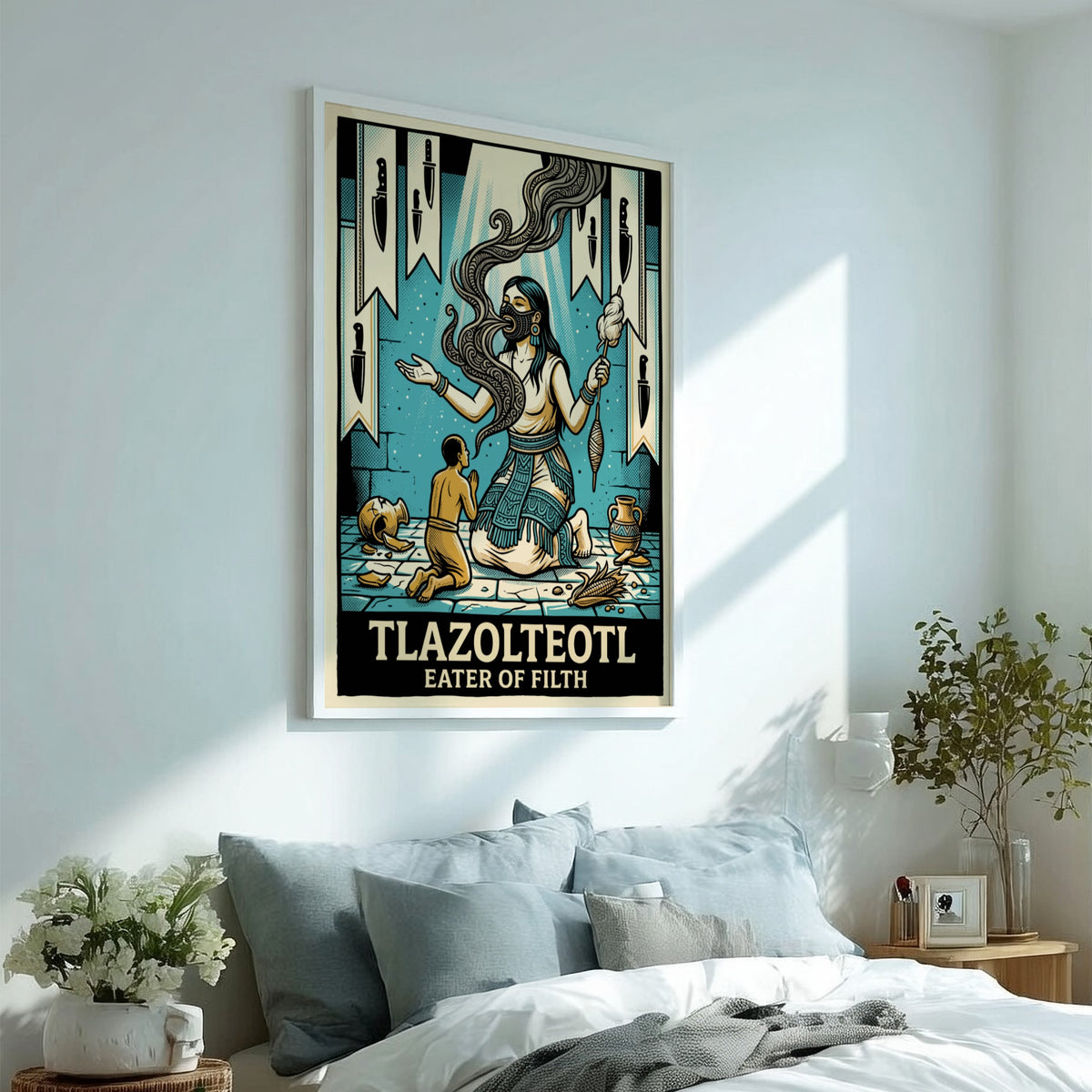 Poster featuring Tlazolteotl Eater of Filth with Aztec symbols in teal and cream tones.