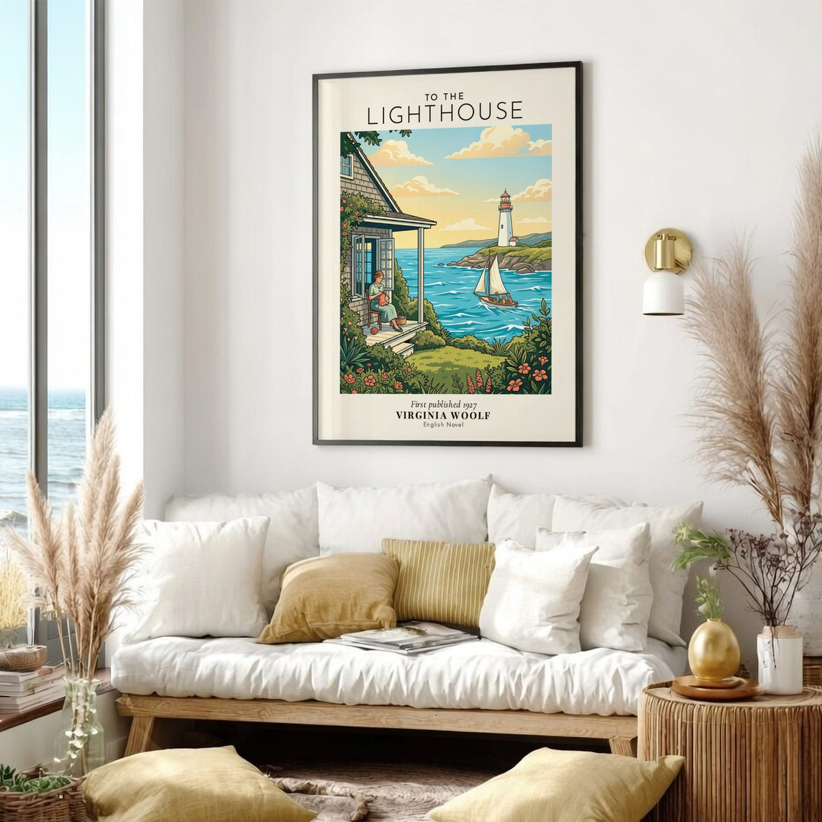 Poster featuring a woman knitting on a porch overlooking a lighthouse and sailboat scene.