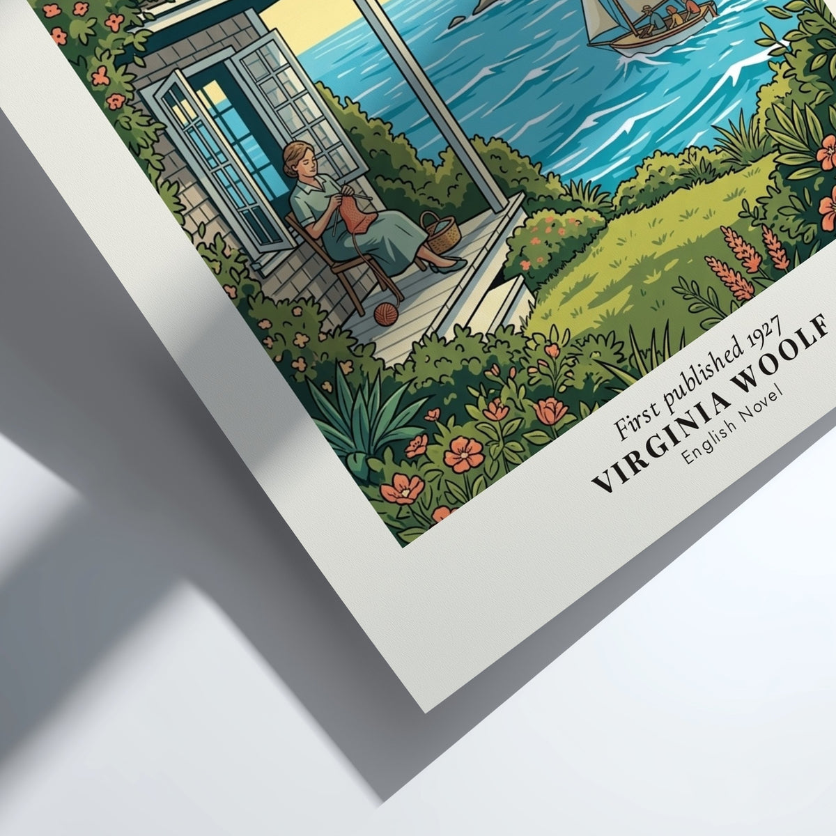Poster featuring a woman knitting on a porch overlooking a lighthouse and sailboat scene.
