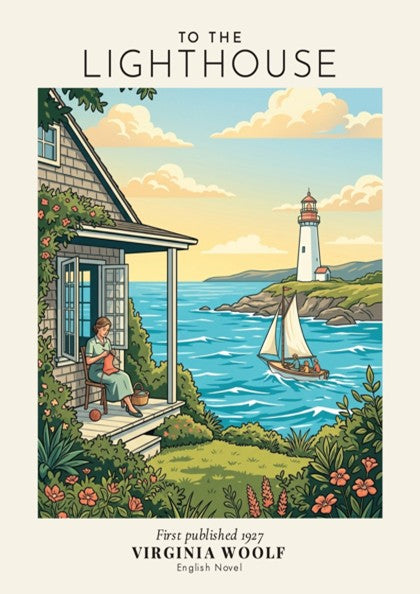 Poster featuring a woman knitting on a porch overlooking a lighthouse and sailboat scene.