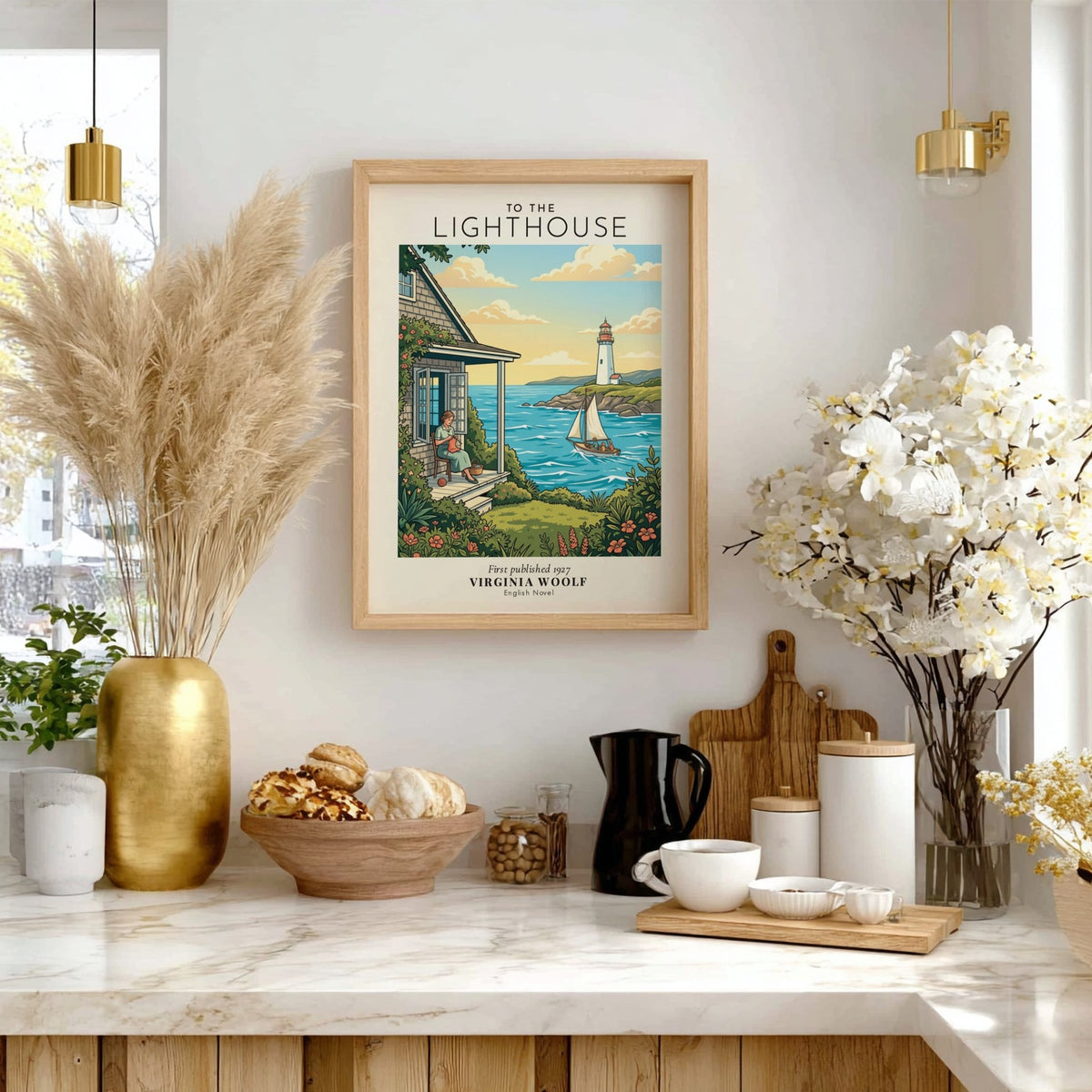 Poster featuring a woman knitting on a porch overlooking a lighthouse and sailboat scene.