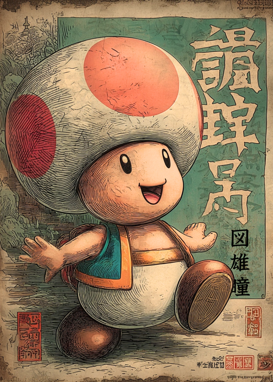 Toad design on a textured background with Japanese text