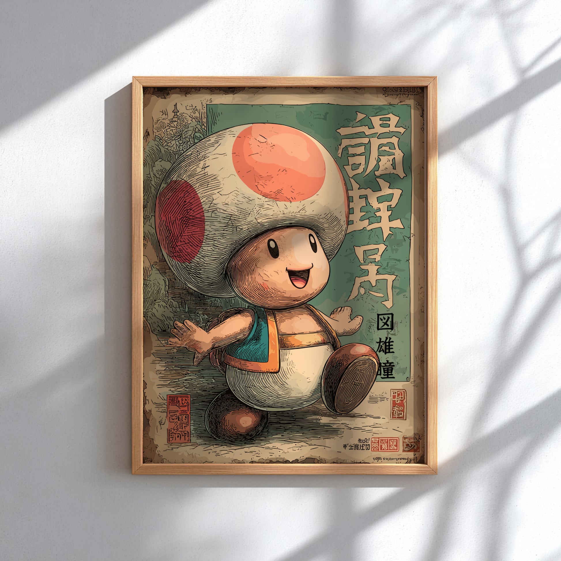 Framed illustration of Toad with a vintage design on a light gray background.