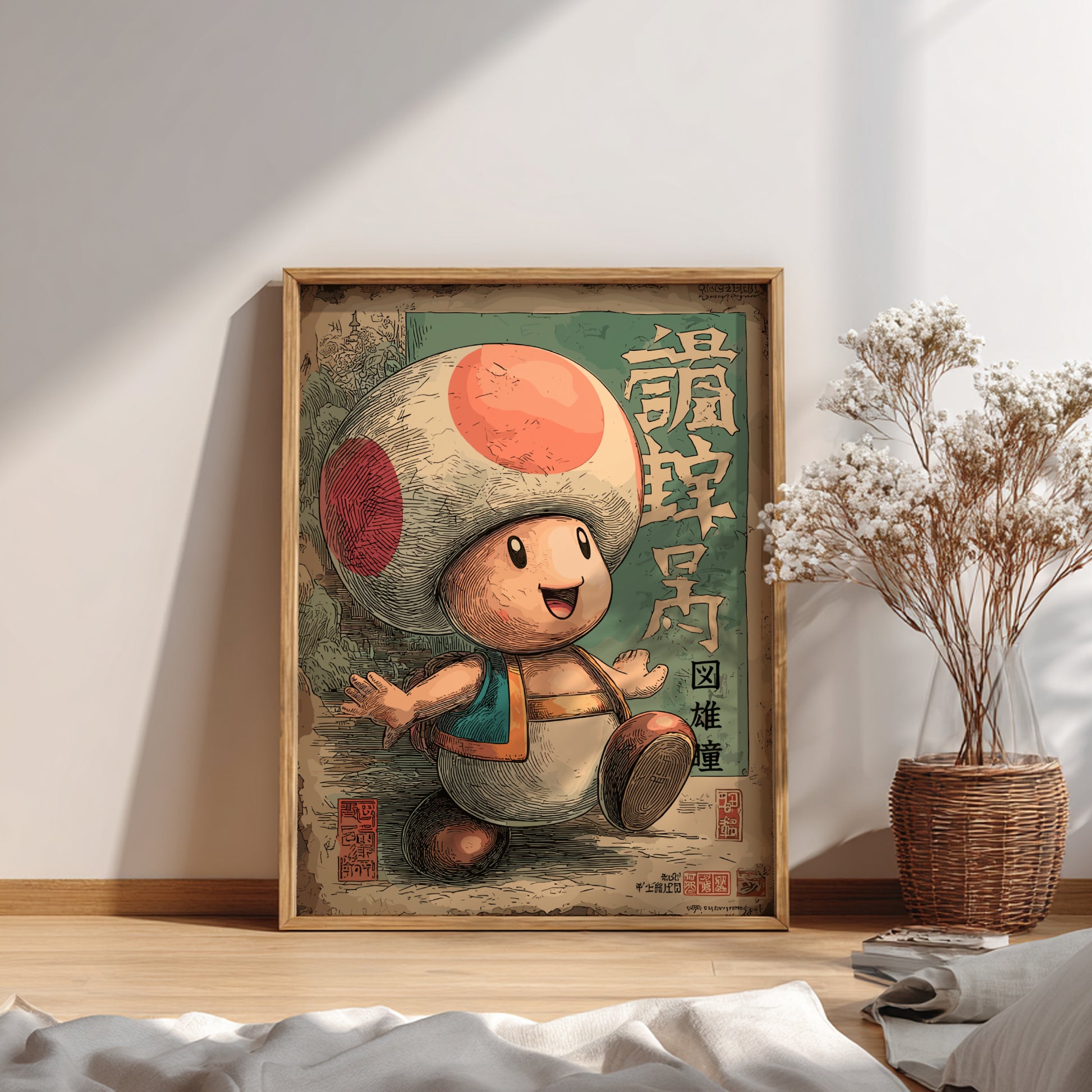 Framed illustration of Toad on a wall in a room with a plant and decor.