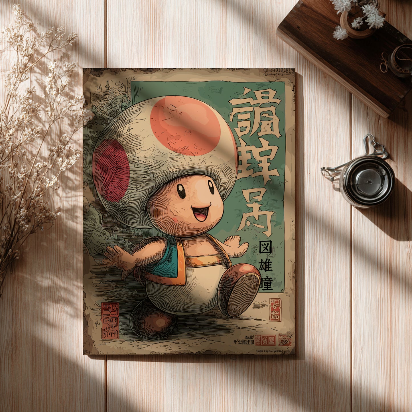 Toad character on a wooden surface with a cup and dried flowers.