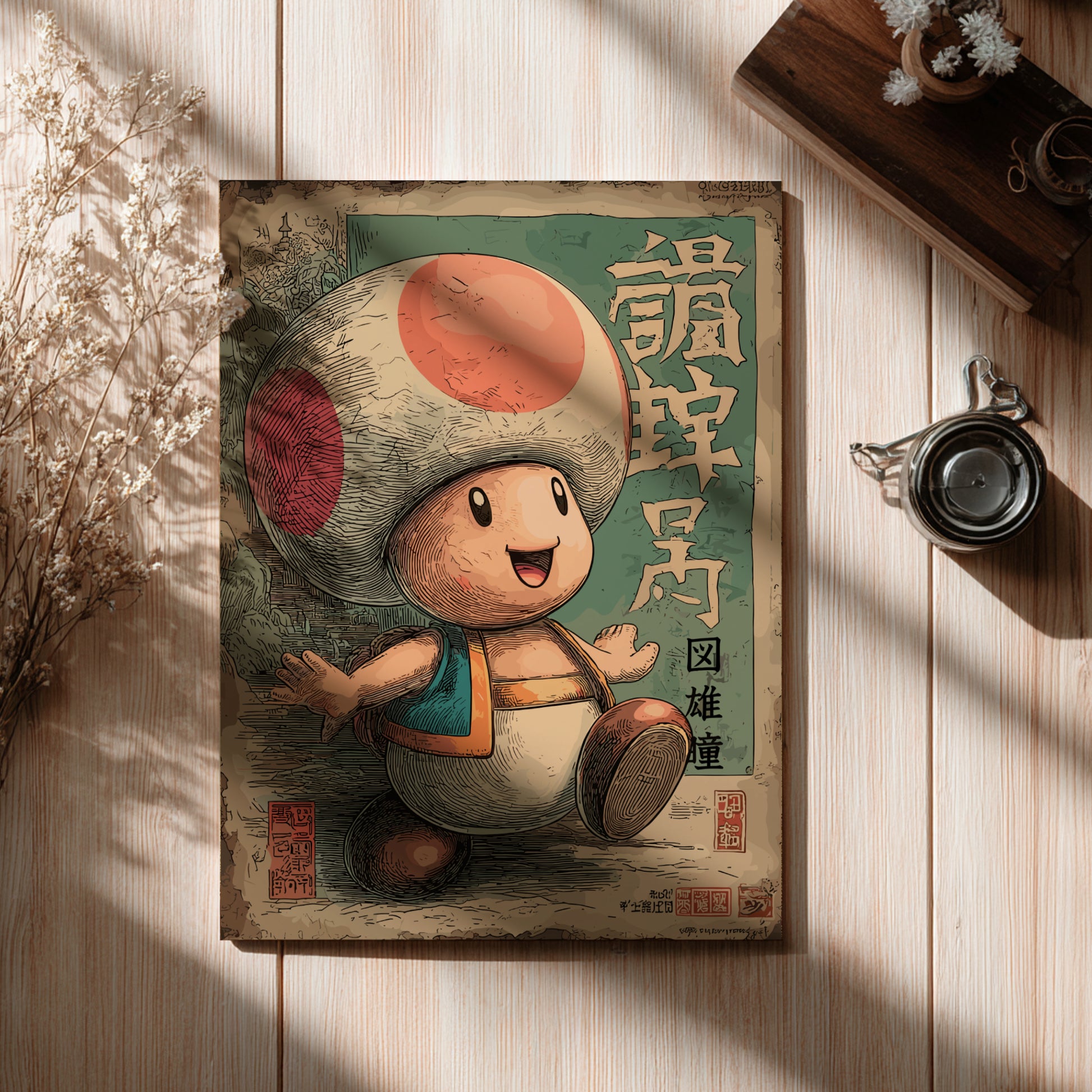 Toad character on a wooden surface with a cup and dried flowers.