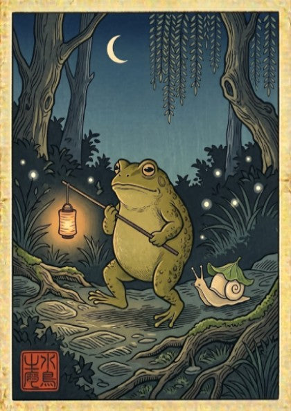 Toad lantern poster featuring a green toad in a Japanese art style with night scenery and warm colors