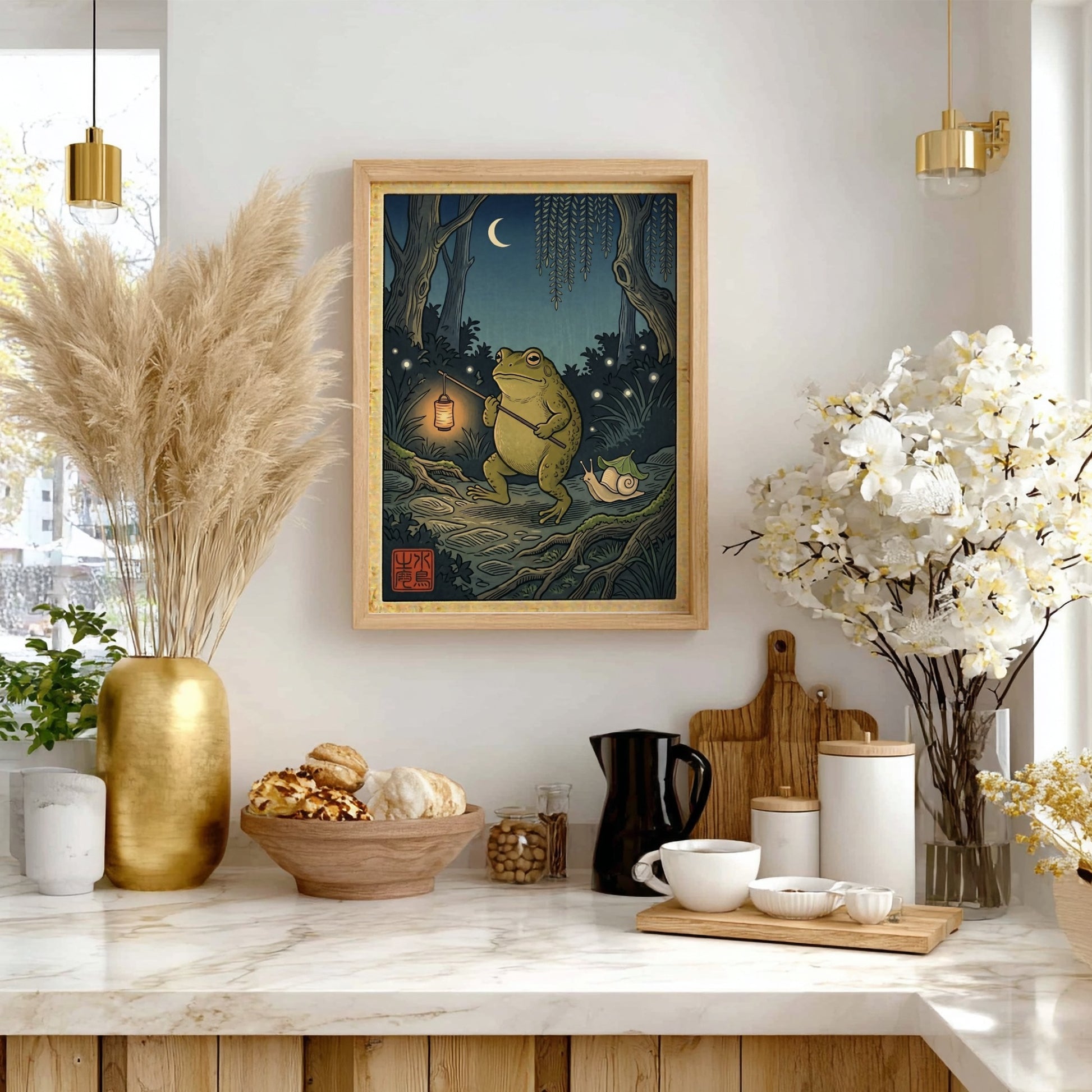 Toad lantern poster featuring a green toad in a Japanese art style with night scenery and warm colors