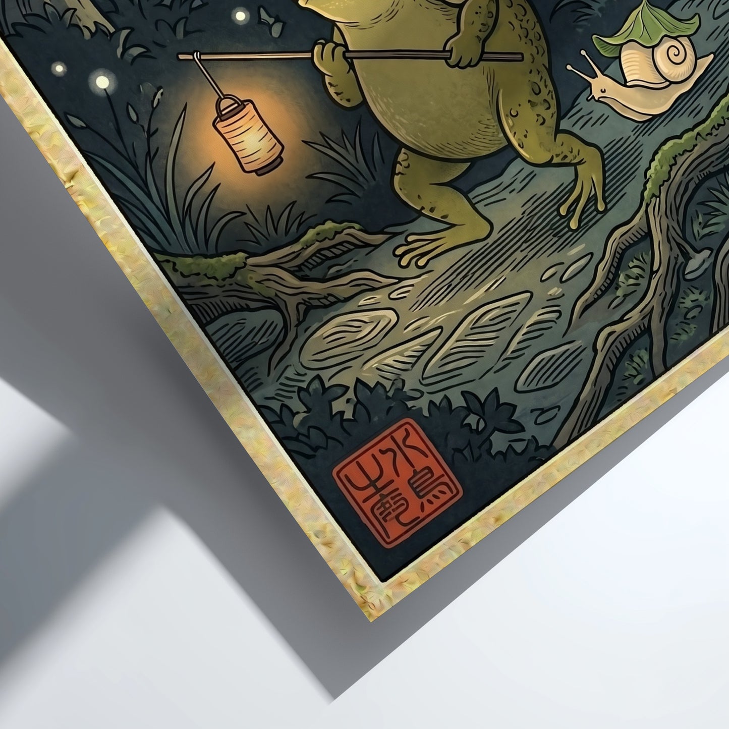 Toad lantern poster featuring a green toad in a Japanese art style with night scenery and warm colors