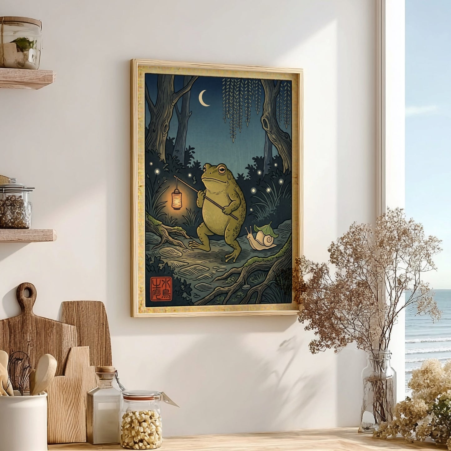 Toad lantern poster featuring a green toad in a Japanese art style with night scenery and warm colors