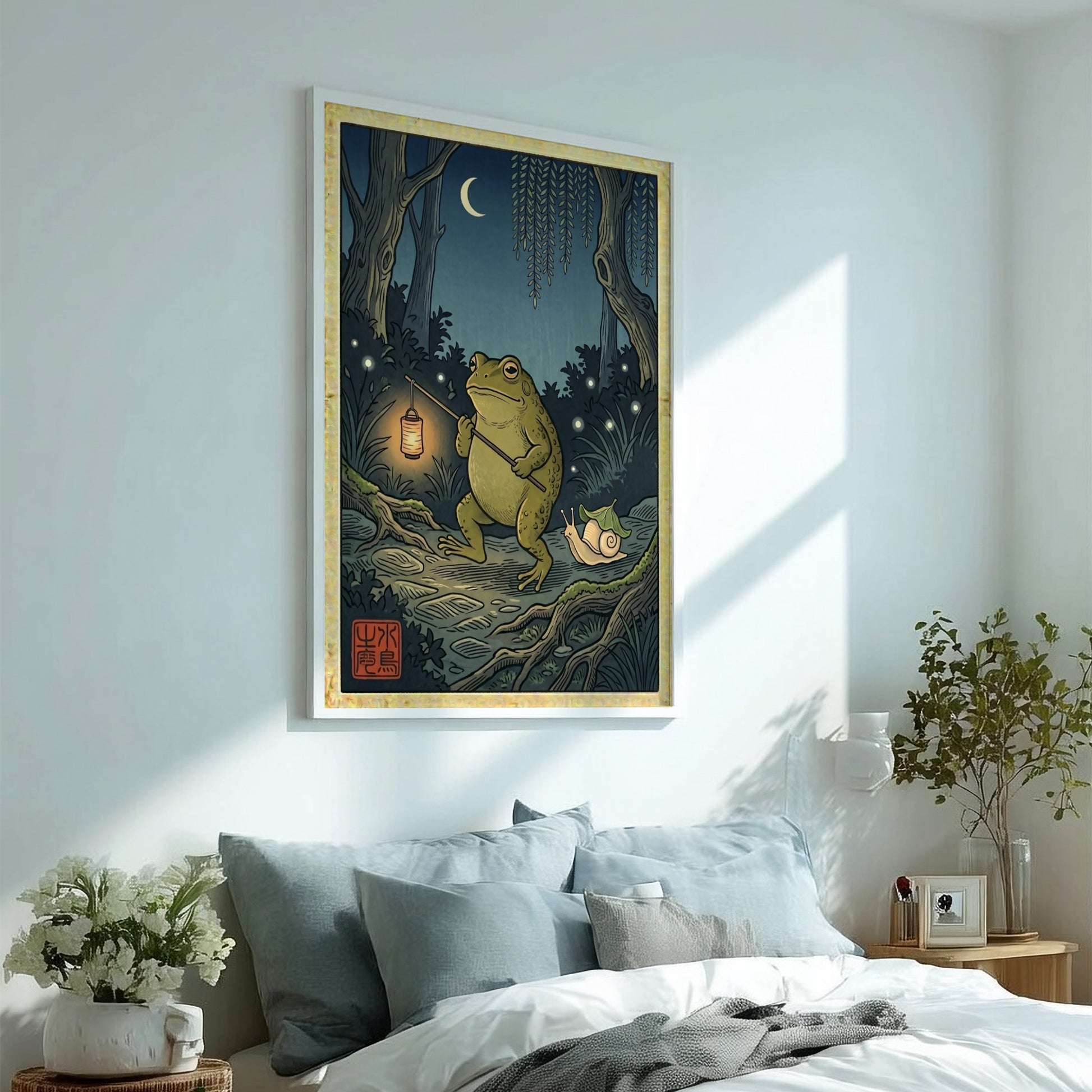 Toad lantern poster featuring a green toad in a Japanese art style with night scenery and warm colors