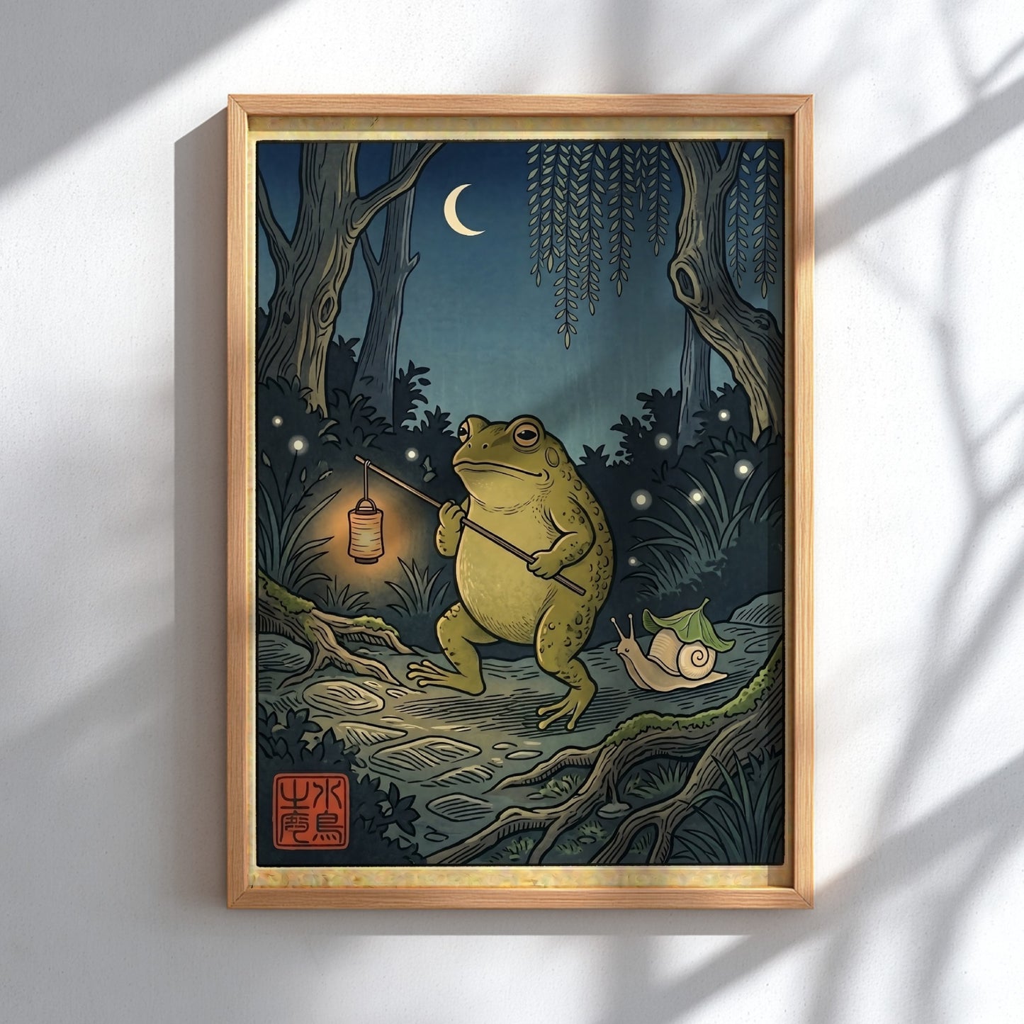 Toad lantern poster featuring a green toad in a Japanese art style with night scenery and warm colors
