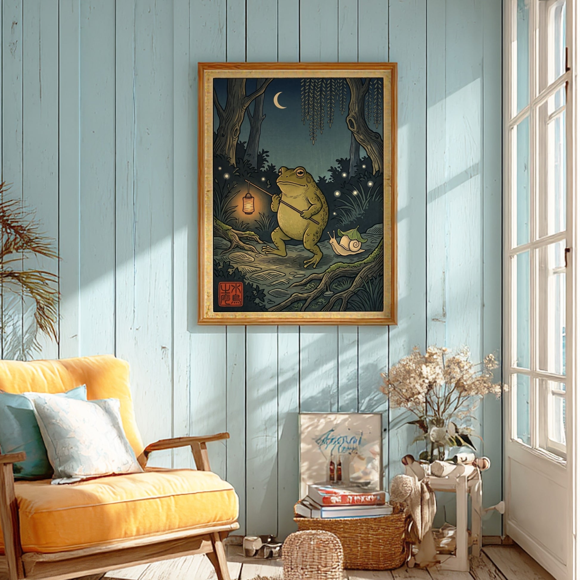 Toad lantern poster featuring a green toad in a Japanese art style with night scenery and warm colors