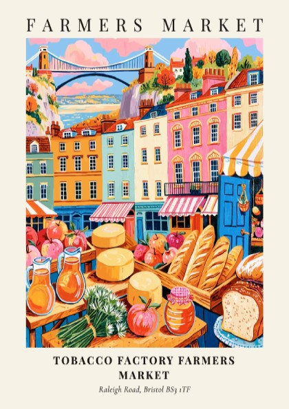 Tobacco Factory Farmers Market poster featuring colorful stalls and buildings in Bristol