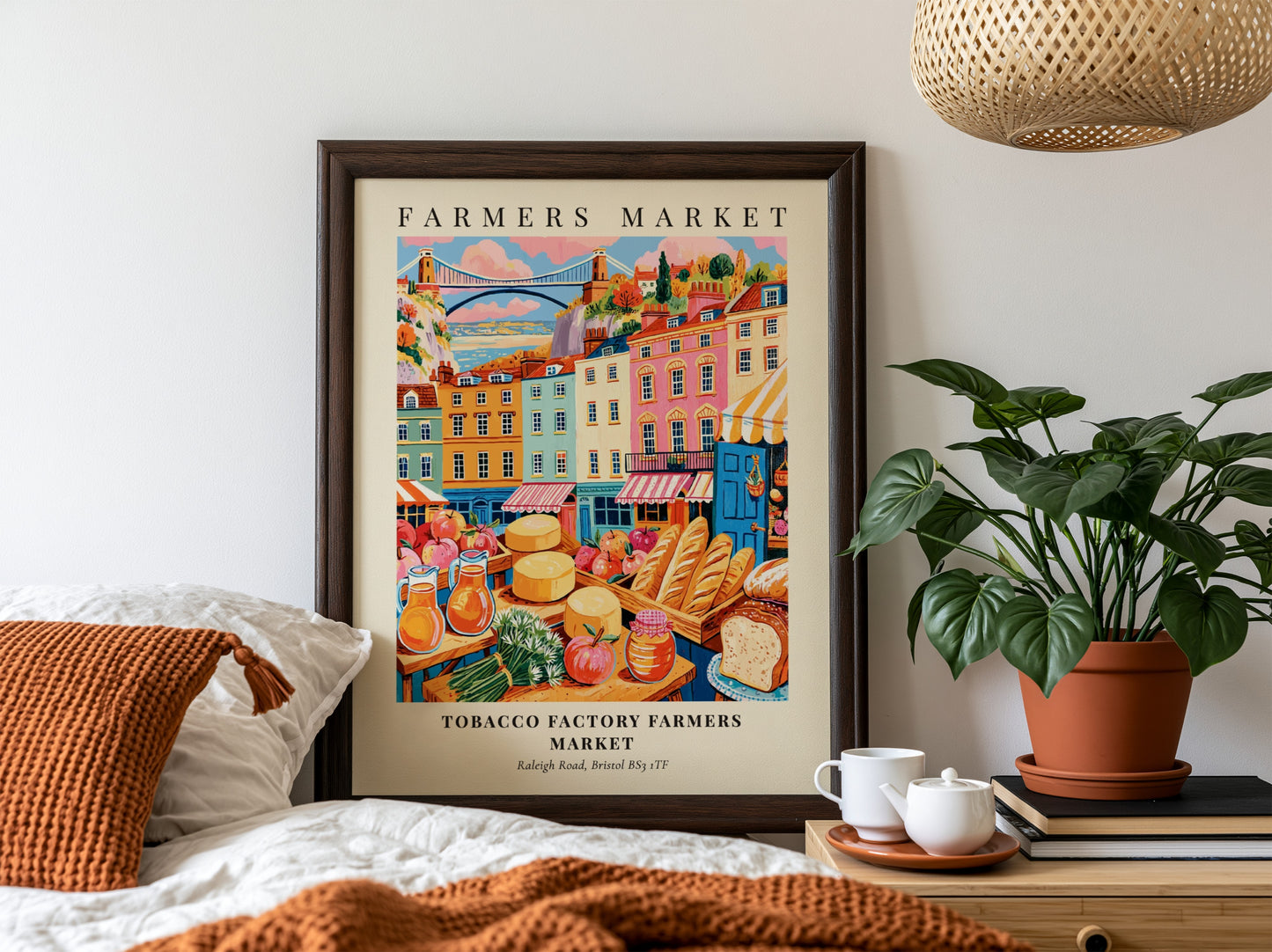 Tobacco Factory Farmers Market poster featuring colorful stalls and buildings in Bristol