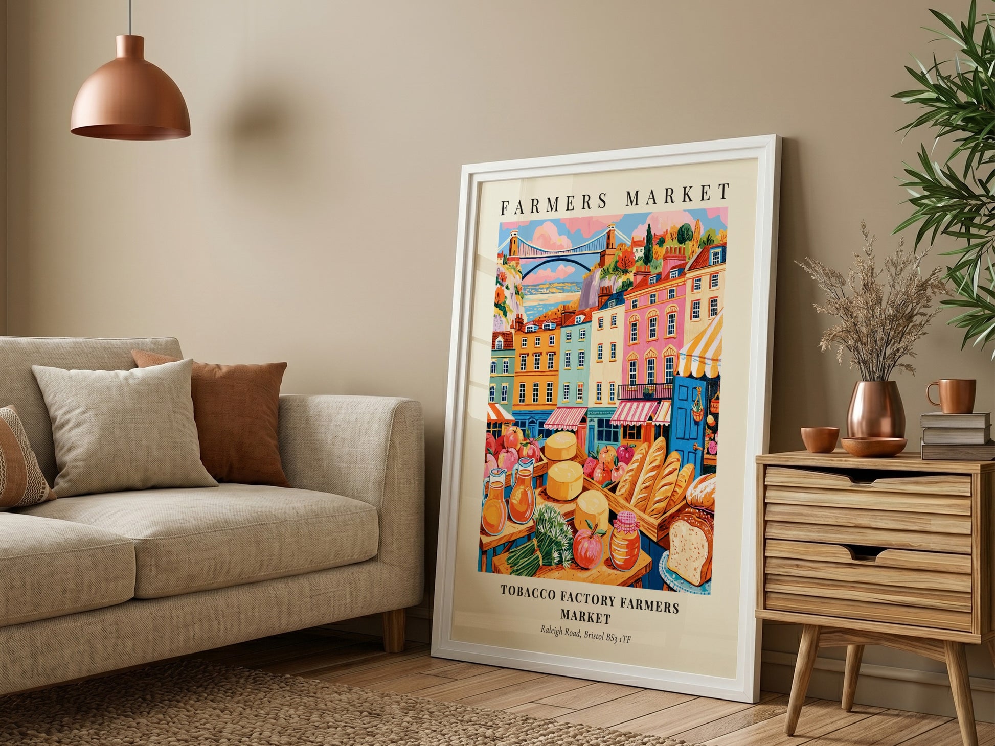 Tobacco Factory Farmers Market poster featuring colorful stalls and buildings in Bristol