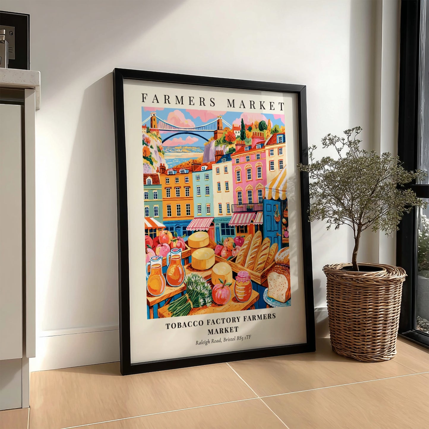 Tobacco Factory Farmers Market poster featuring colorful stalls and buildings in Bristol