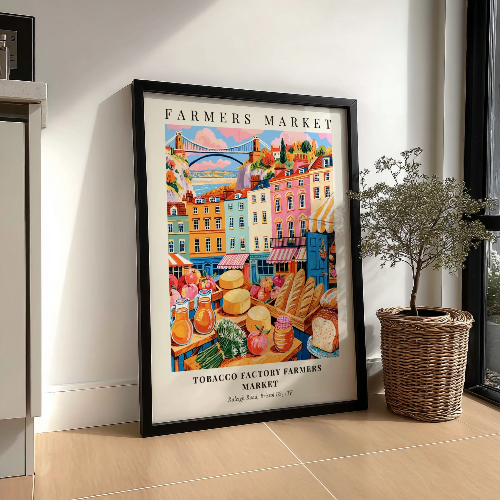 Tobacco Factory Farmers Market poster featuring colorful stalls and buildings in Bristol