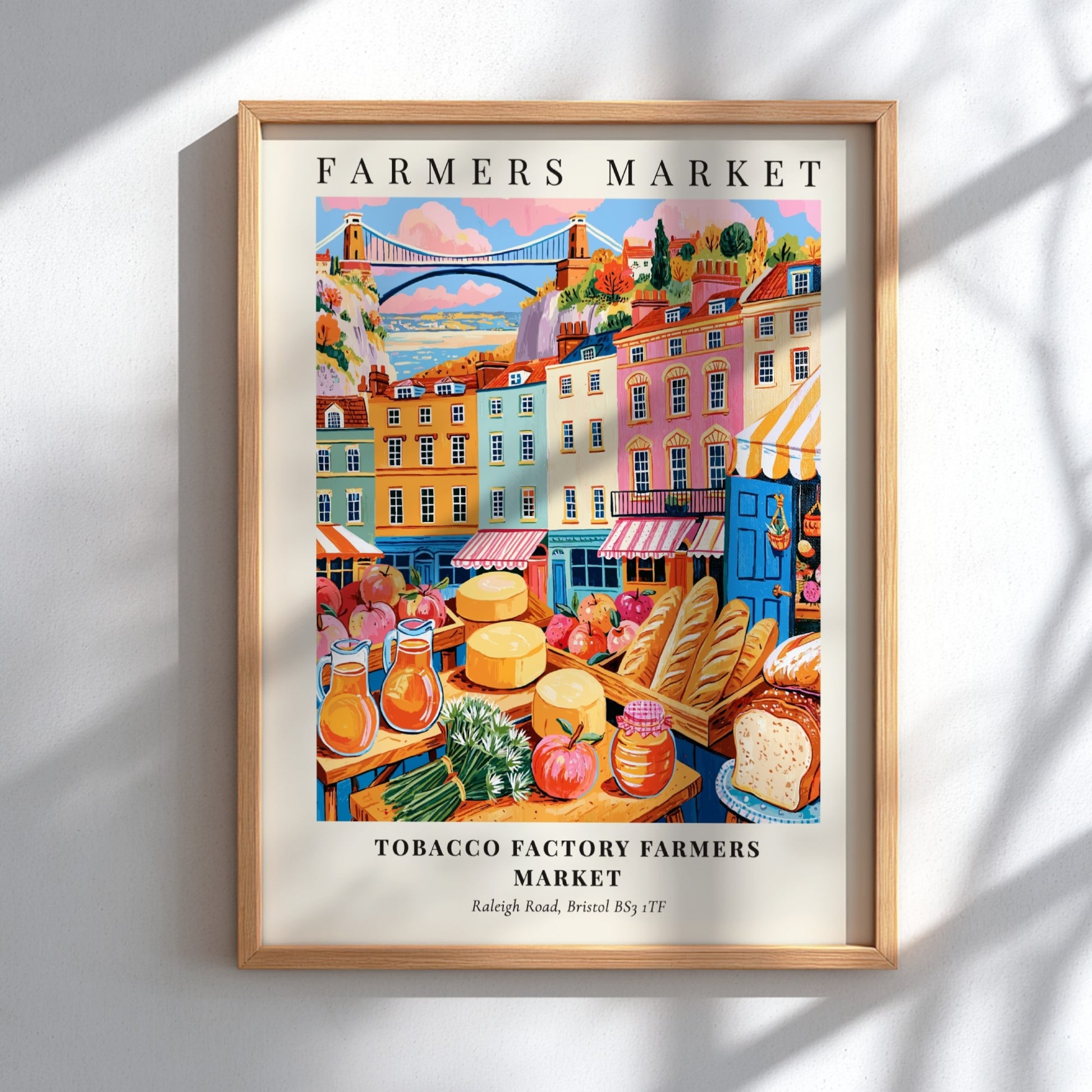 Tobacco Factory Farmers Market poster featuring colorful stalls and buildings in Bristol