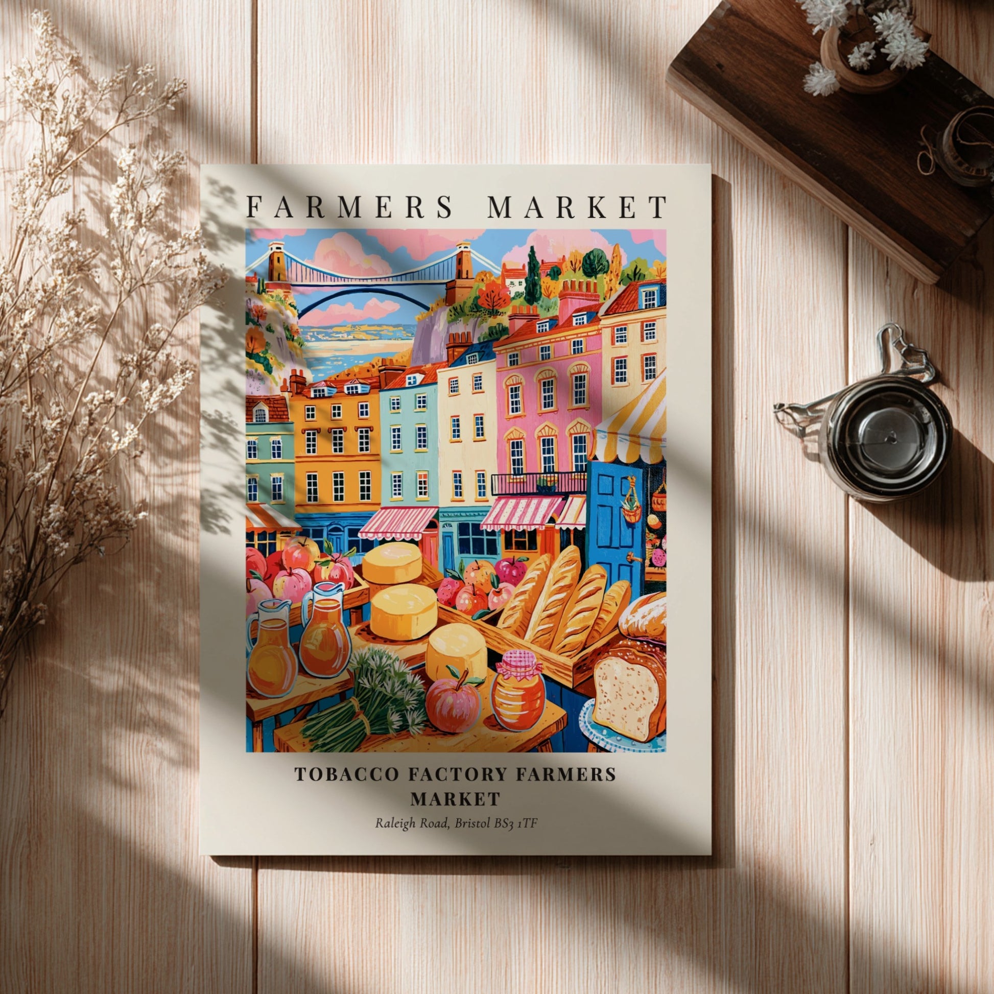 Tobacco Factory Farmers Market poster featuring colorful stalls and buildings in Bristol
