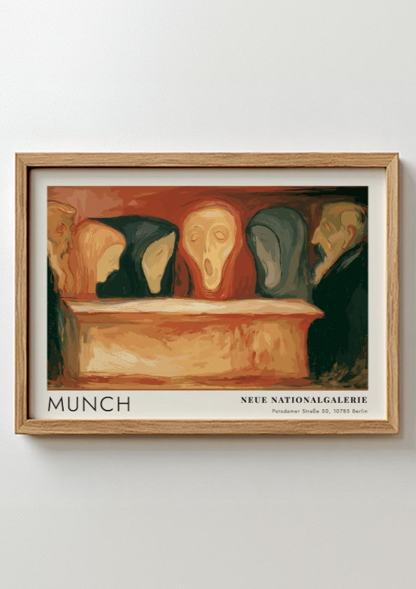 Exhibition poster featuring Munch, Neue Nationalgalerie text, with somber figures in orange and black.