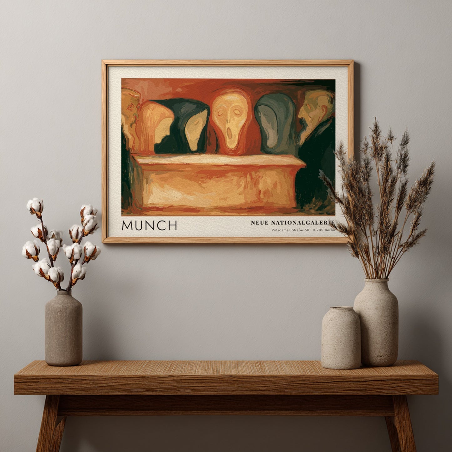 Exhibition poster featuring Munch, Neue Nationalgalerie text, with somber figures in orange and black.