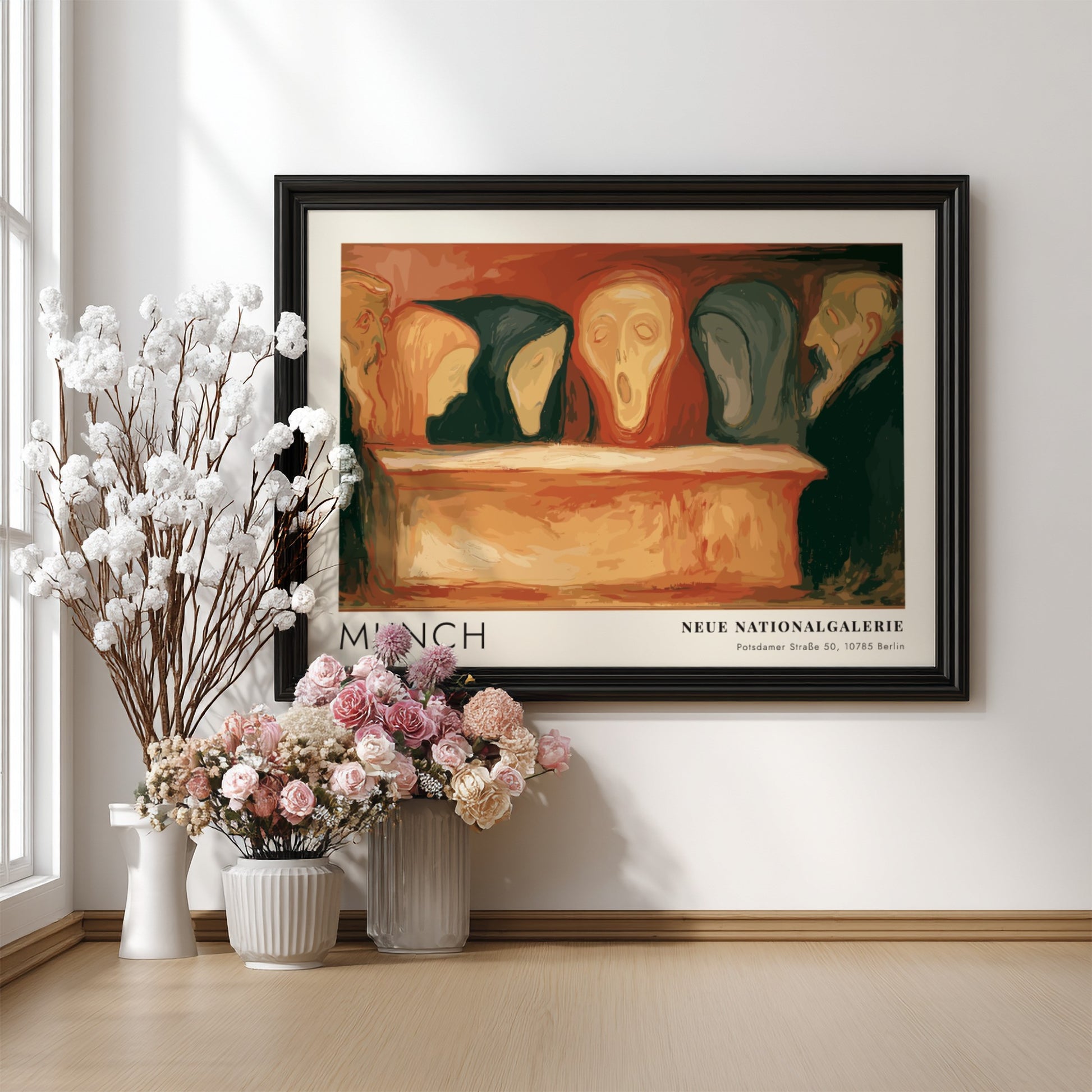 Exhibition poster featuring Munch, Neue Nationalgalerie text, with somber figures in orange and black.