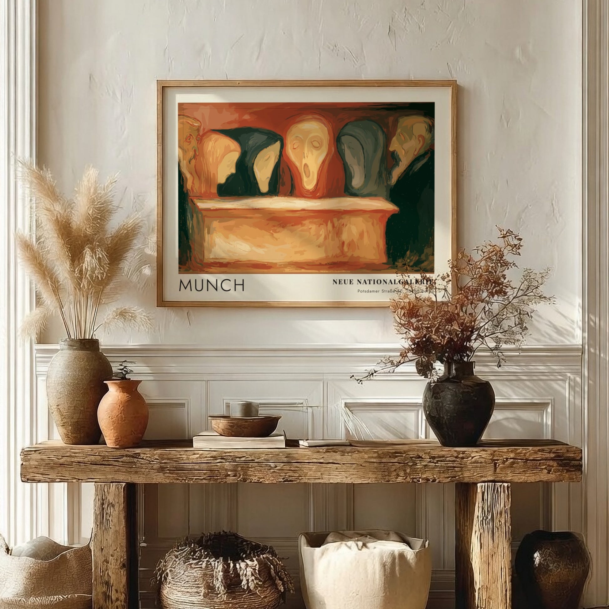 Exhibition poster featuring Munch, Neue Nationalgalerie text, with somber figures in orange and black.