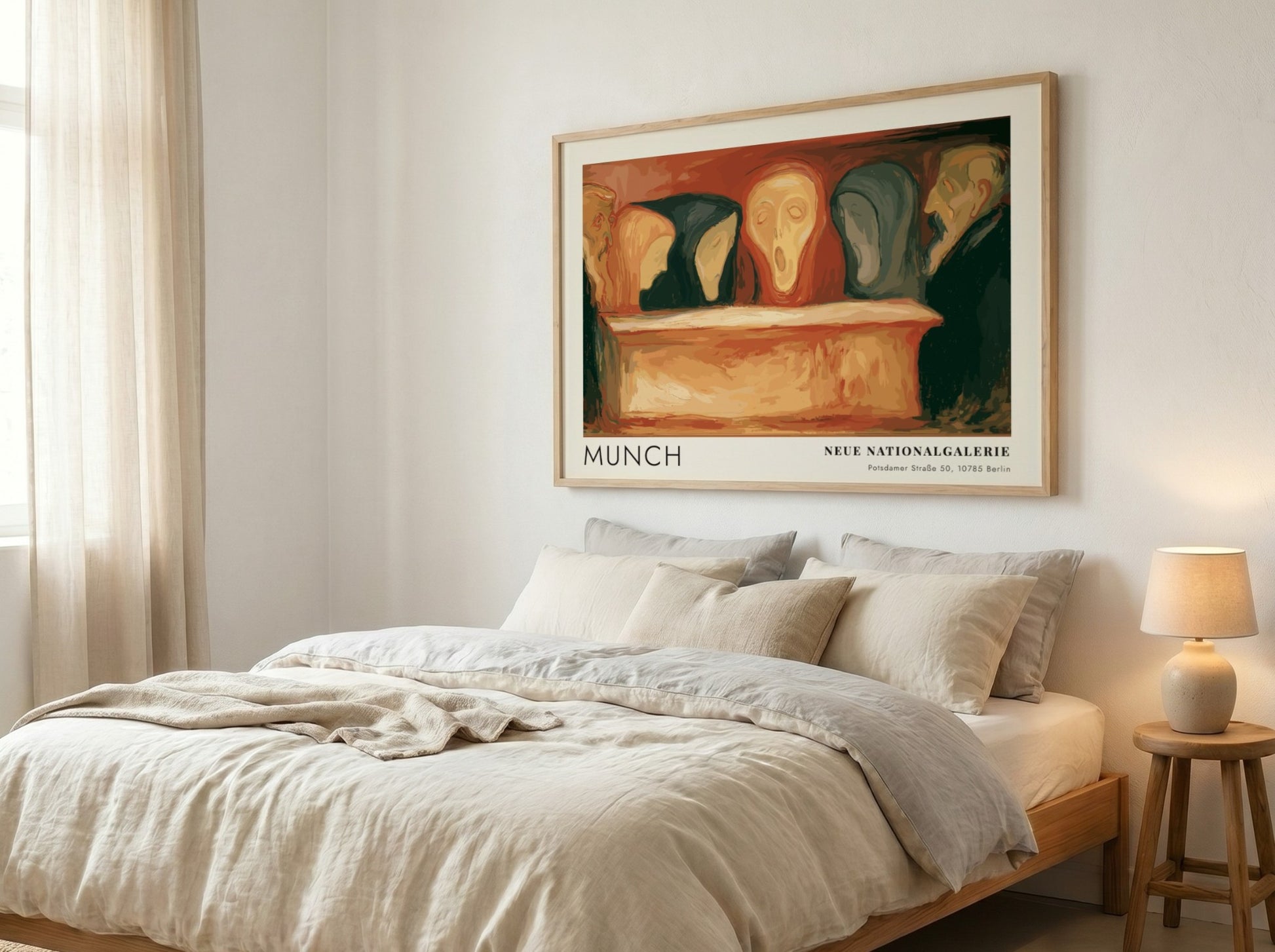 Exhibition poster featuring Munch, Neue Nationalgalerie text, with somber figures in orange and black.