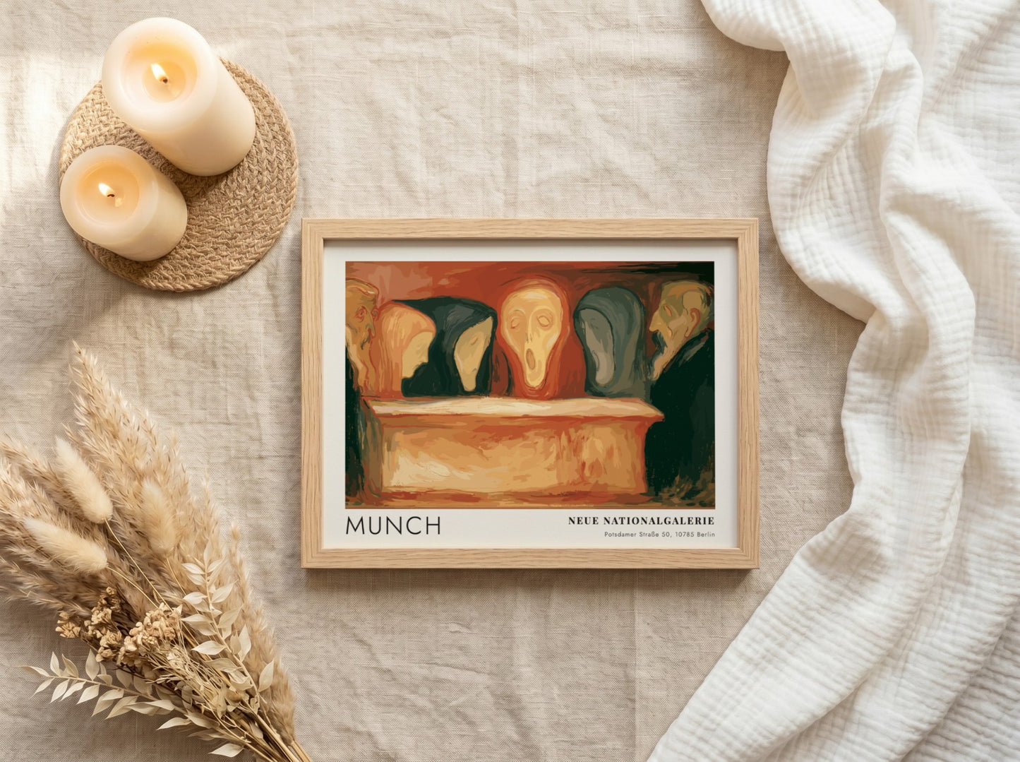 Exhibition poster featuring Munch, Neue Nationalgalerie text, with somber figures in orange and black.