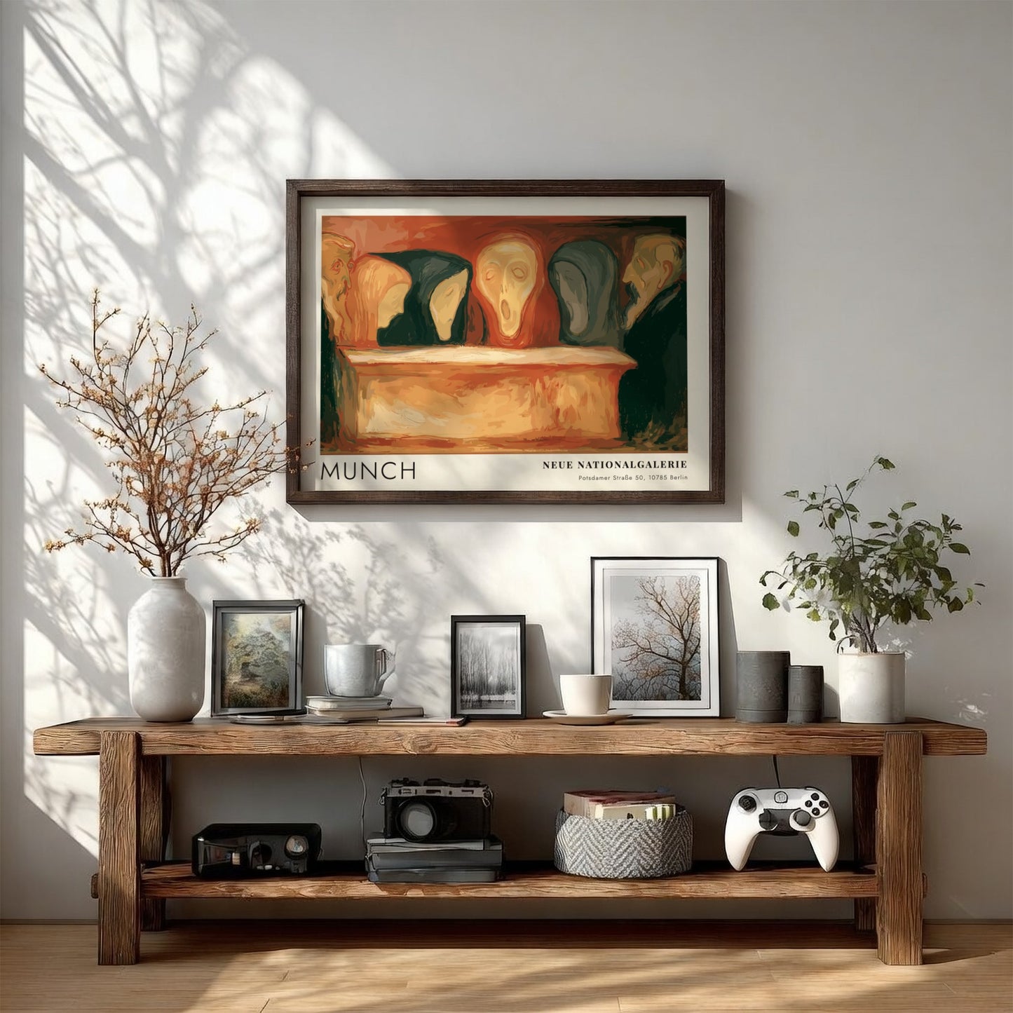 Exhibition poster featuring Munch, Neue Nationalgalerie text, with somber figures in orange and black.
