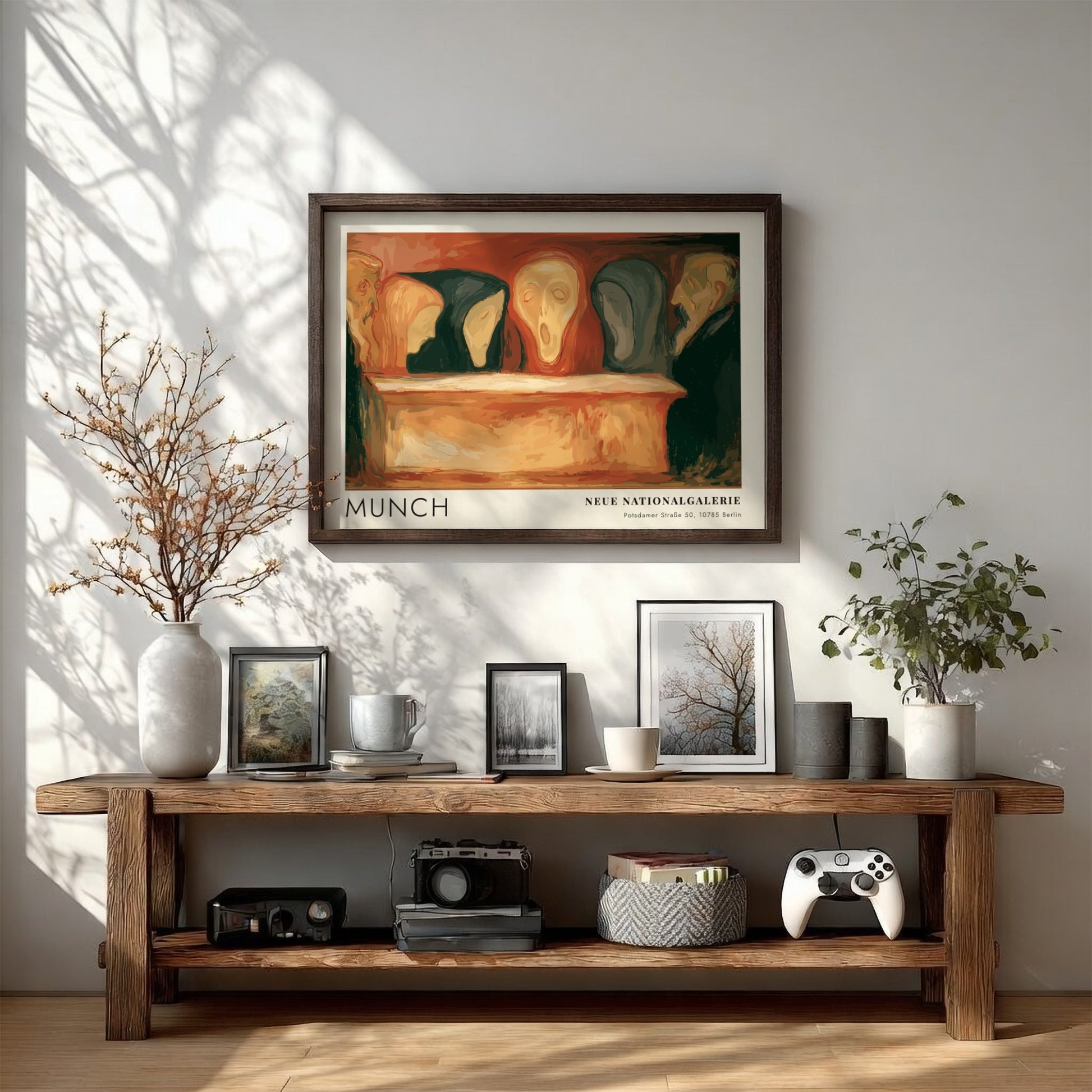 Exhibition poster featuring Munch, Neue Nationalgalerie text, with somber figures in orange and black.