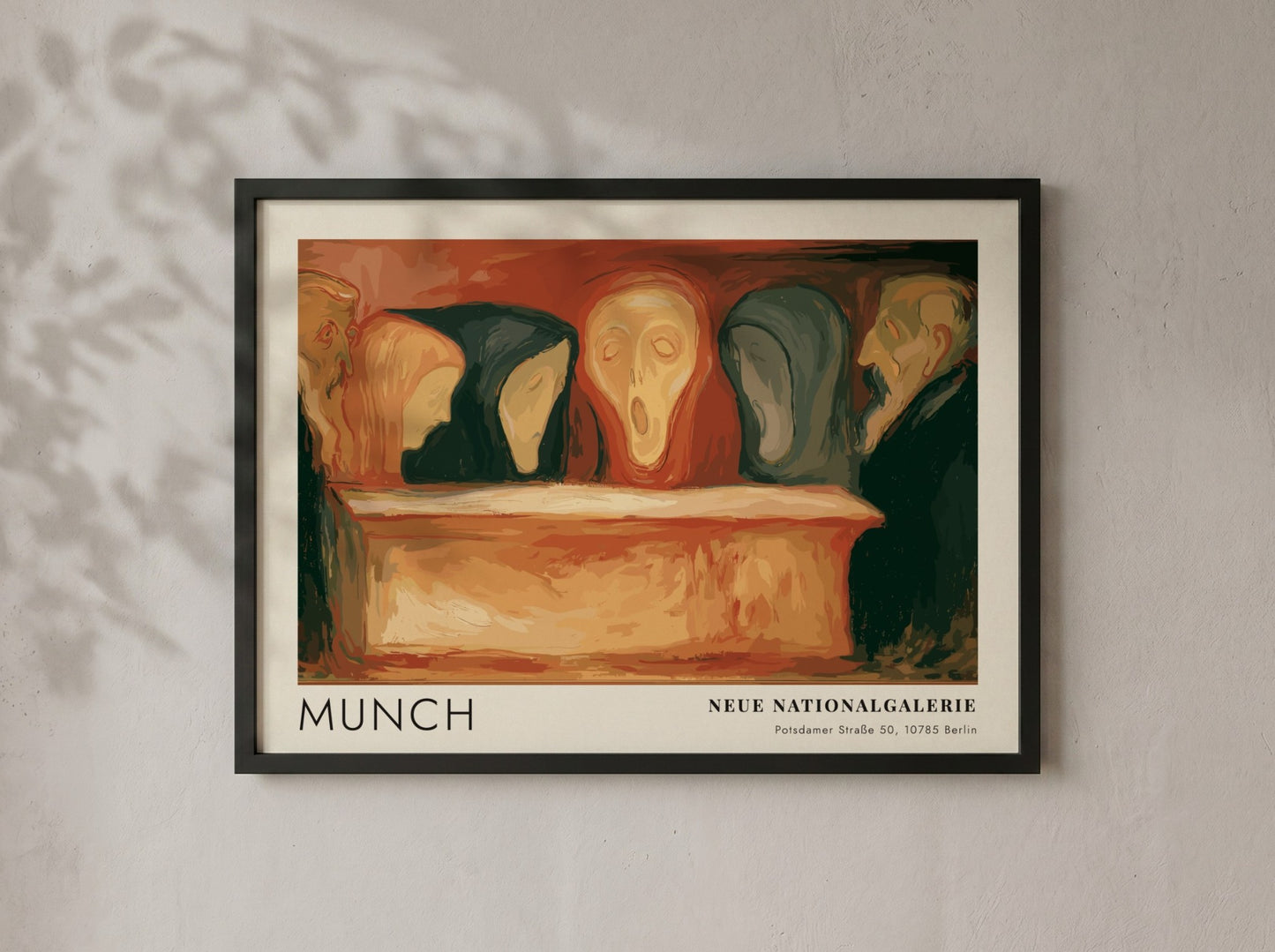 Exhibition poster featuring Munch, Neue Nationalgalerie text, with somber figures in orange and black.