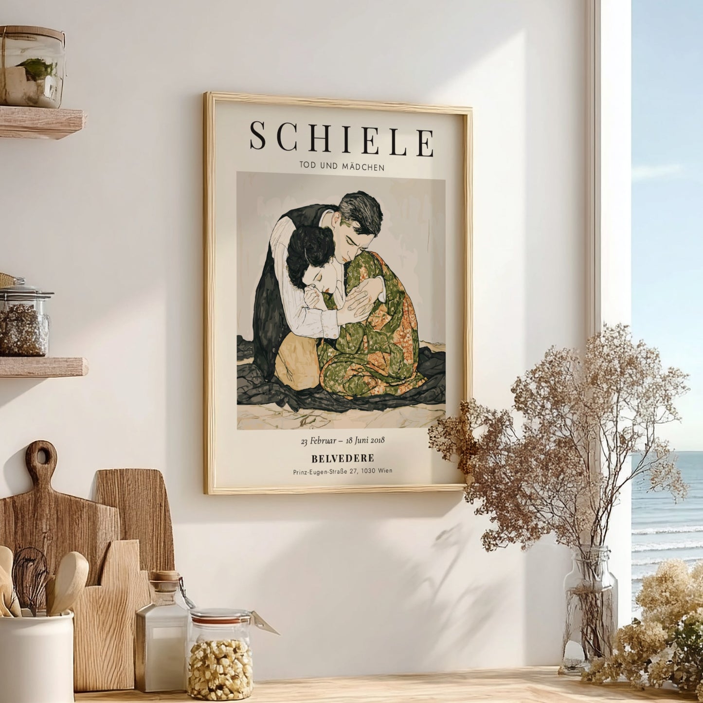 Egon Schiele poster featuring Tod und Mädchen, expressive style with muted colors and emotional depth