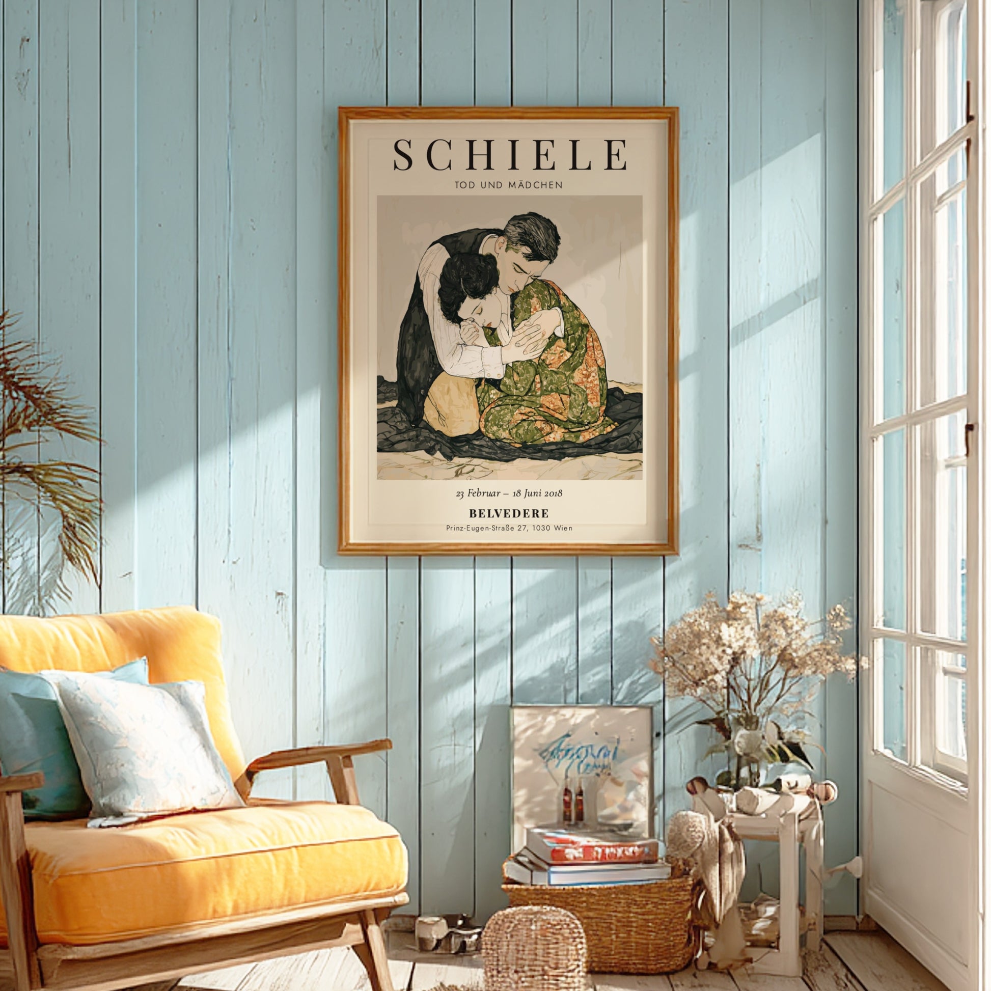 Egon Schiele poster featuring Tod und Mädchen, expressive style with muted colors and emotional depth