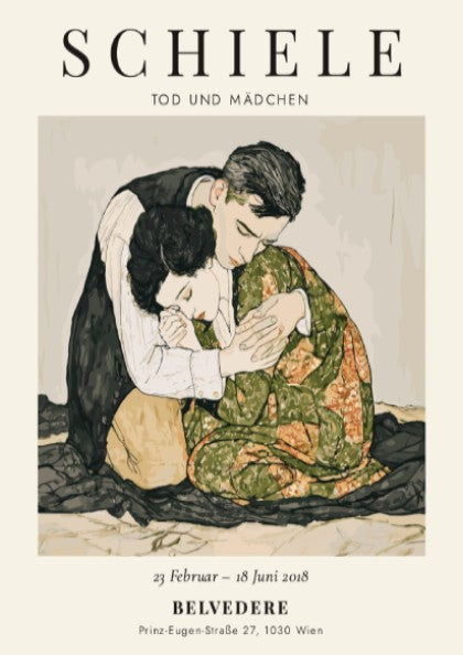 Egon Schiele poster featuring Tod und Mädchen, expressive style with muted colors and emotional depth