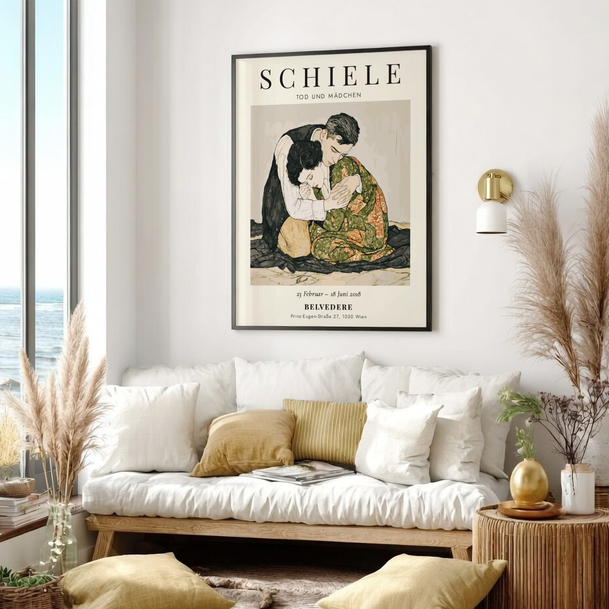 Egon Schiele poster featuring Tod und Mädchen, expressive style with muted colors and emotional depth