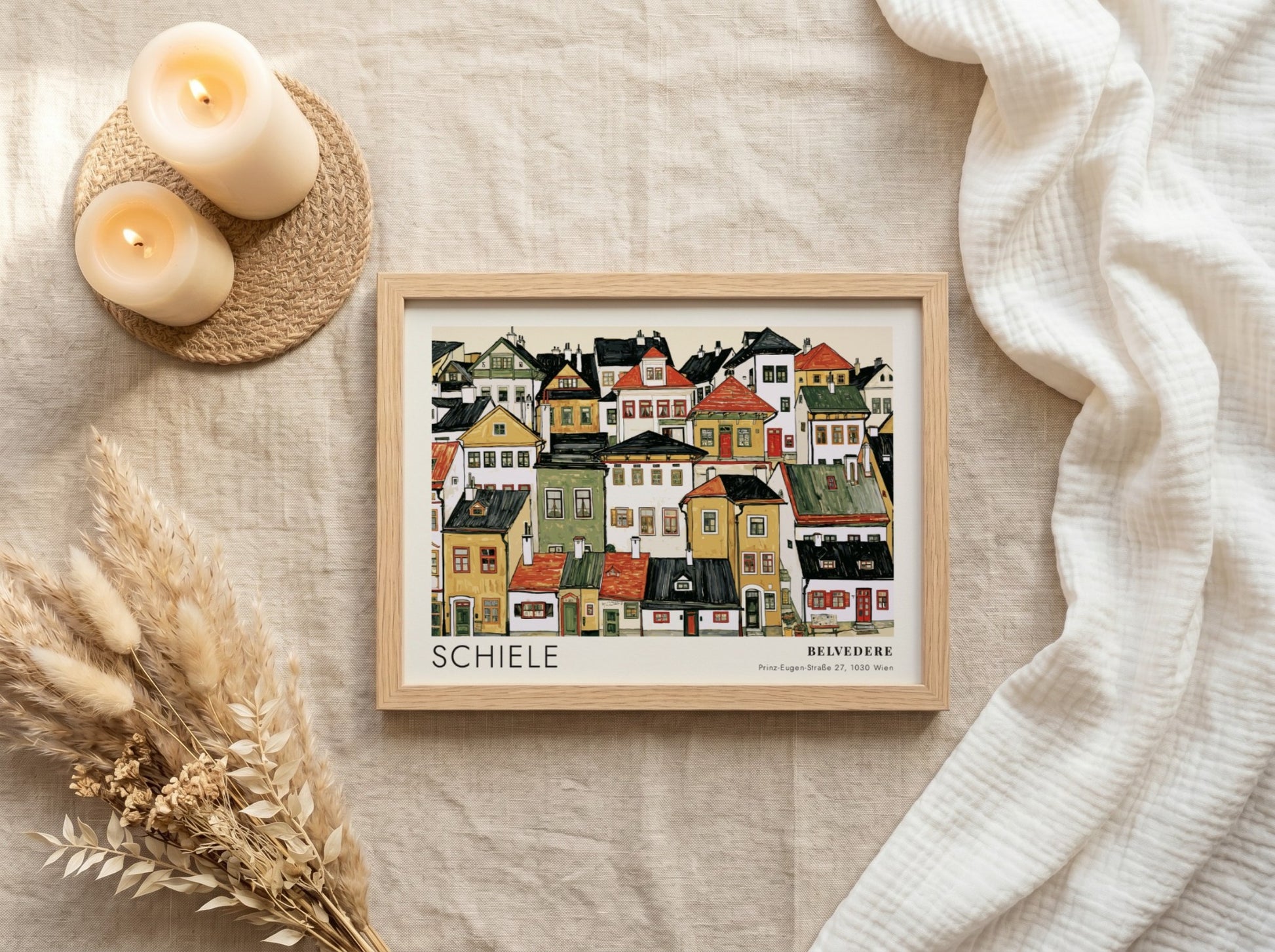 Wall art poster featuring an Egon Schiele cityscape with dense houses and houses