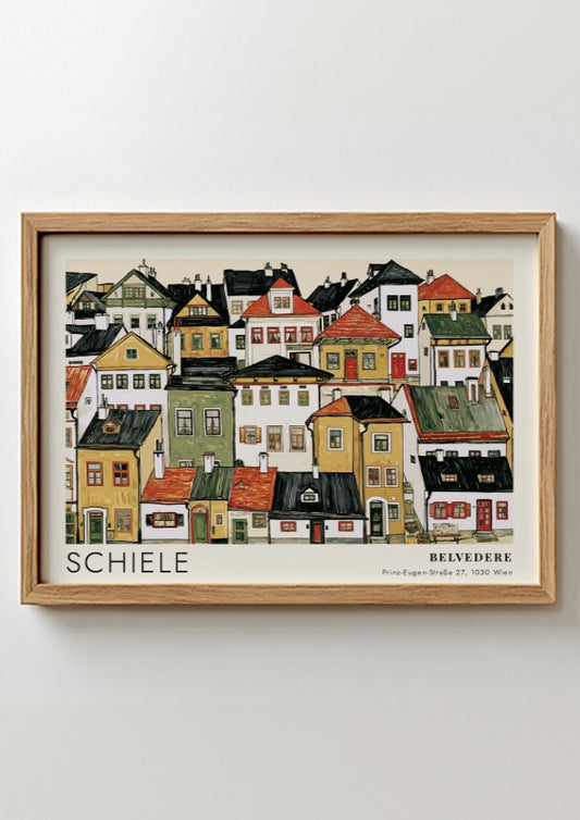 Wall art poster featuring an Egon Schiele cityscape with dense houses and houses