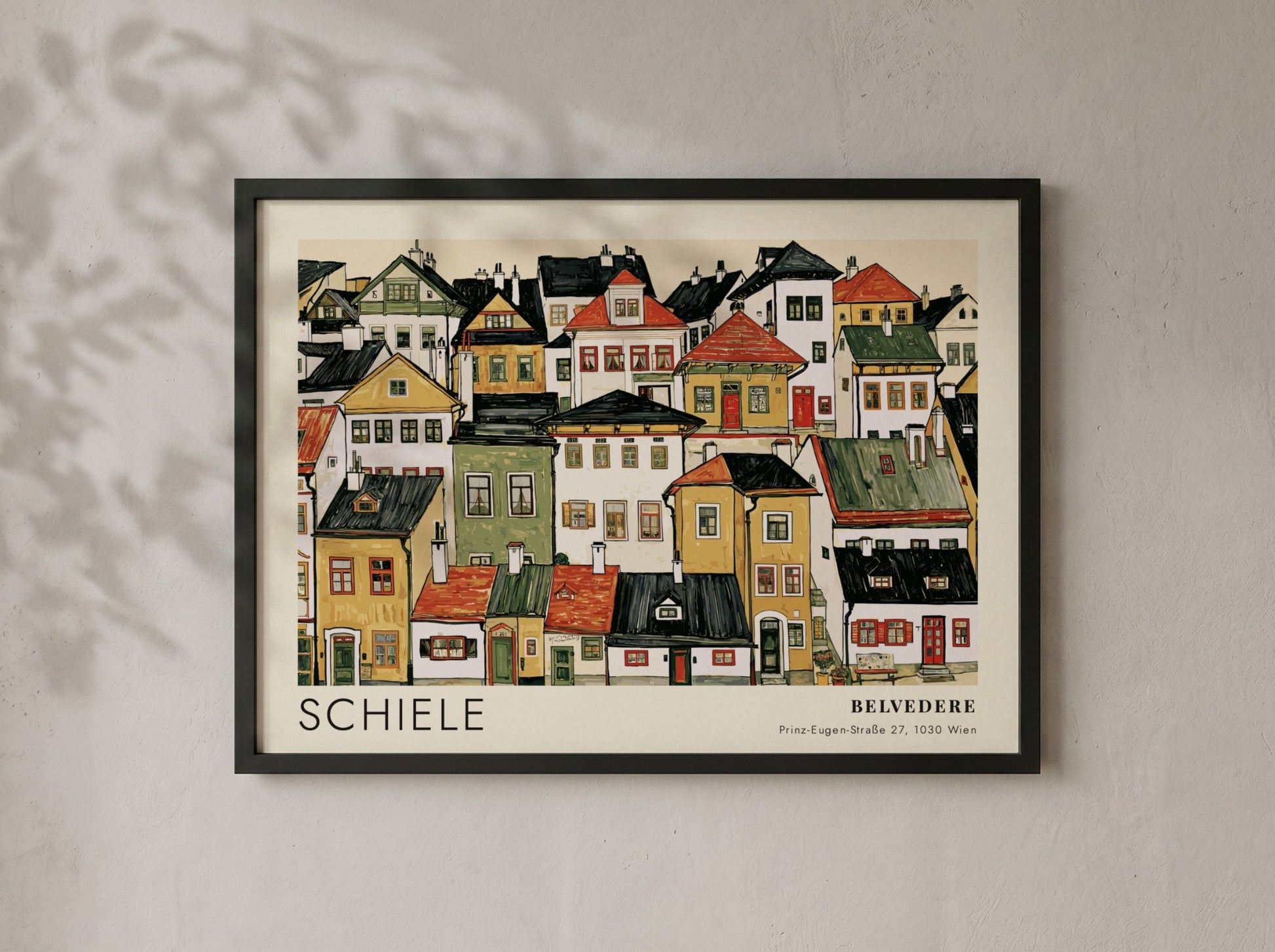 Wall art poster featuring an Egon Schiele cityscape with dense houses and houses
