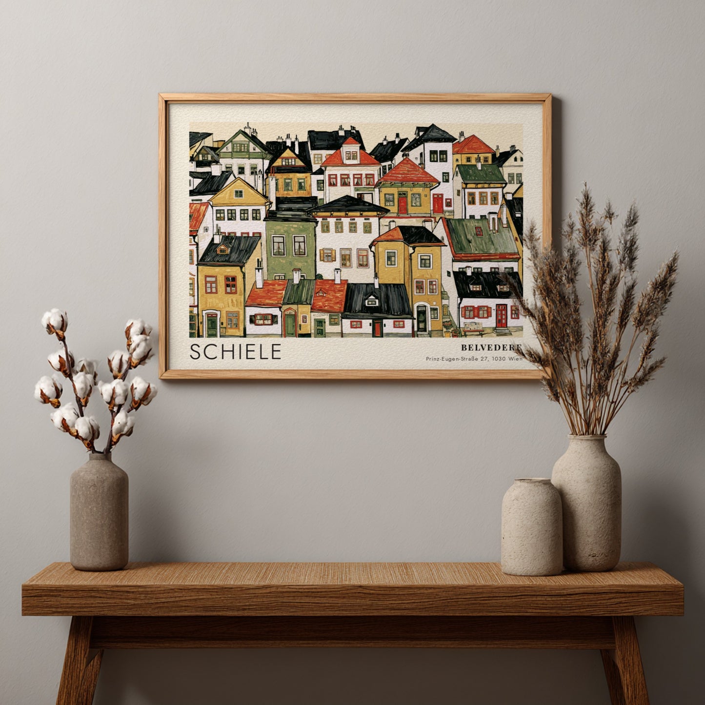 Wall art poster featuring an Egon Schiele cityscape with dense houses and houses