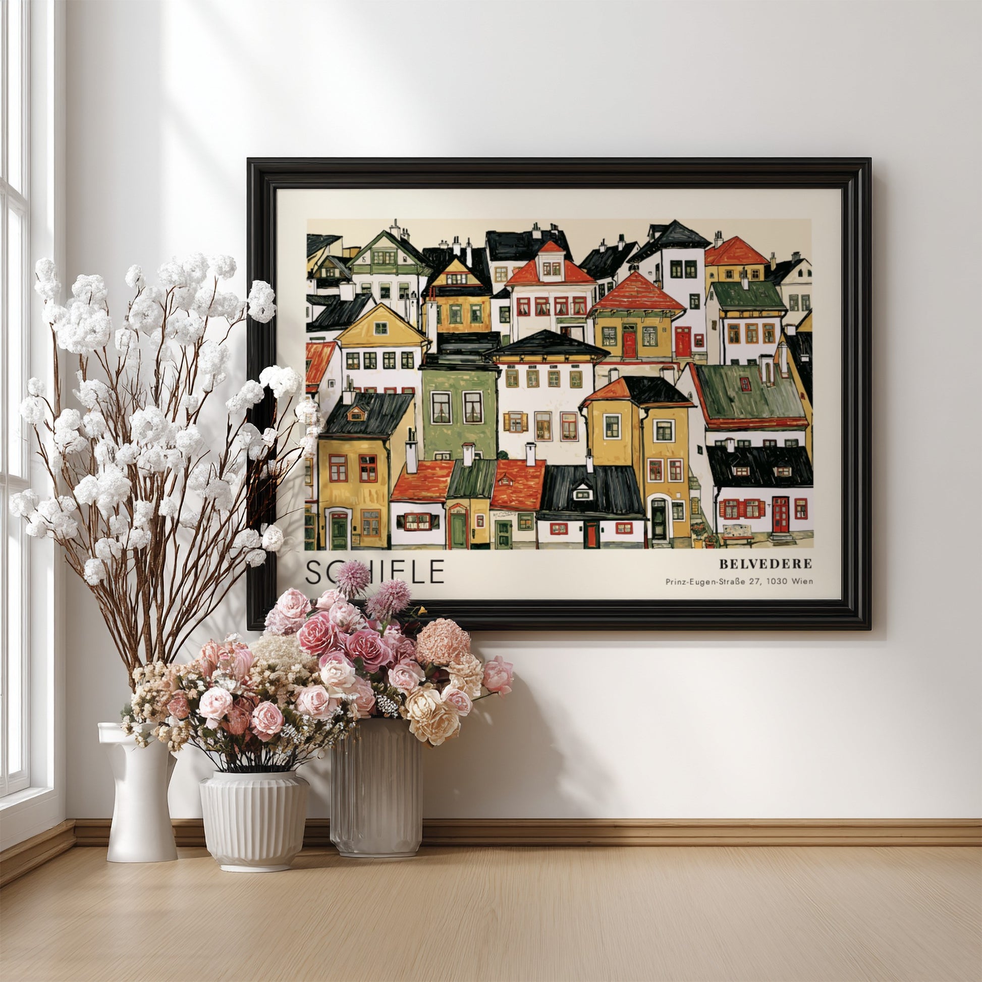 Wall art poster featuring an Egon Schiele cityscape with dense houses and houses