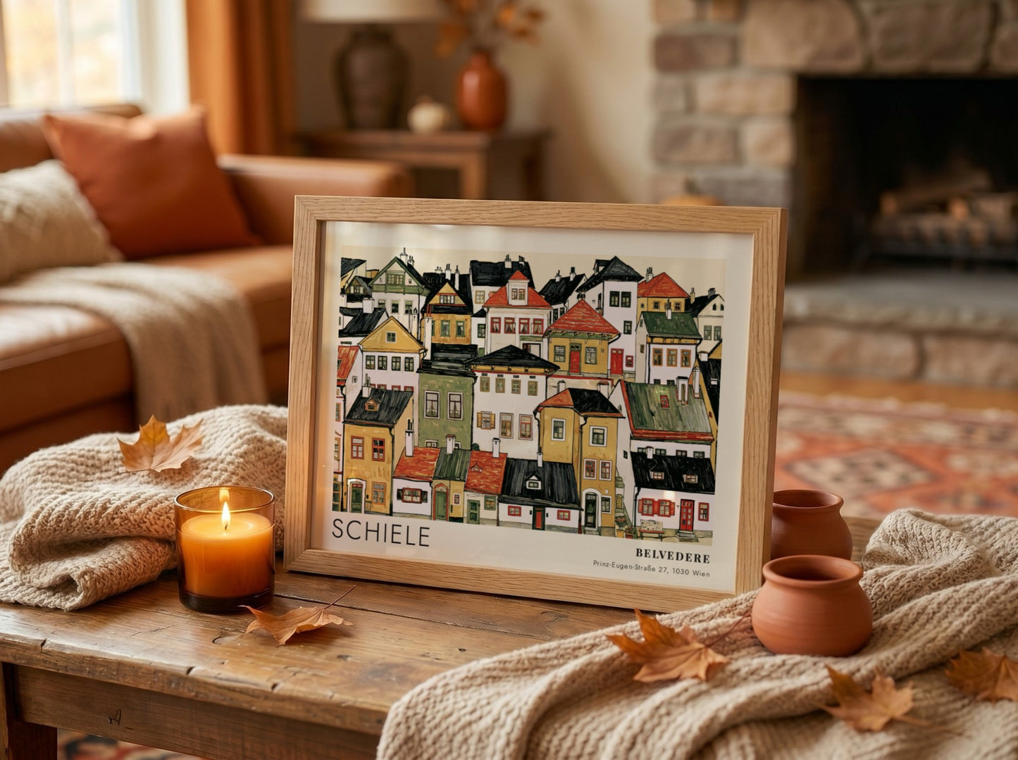 Wall art poster featuring an Egon Schiele cityscape with dense houses and houses