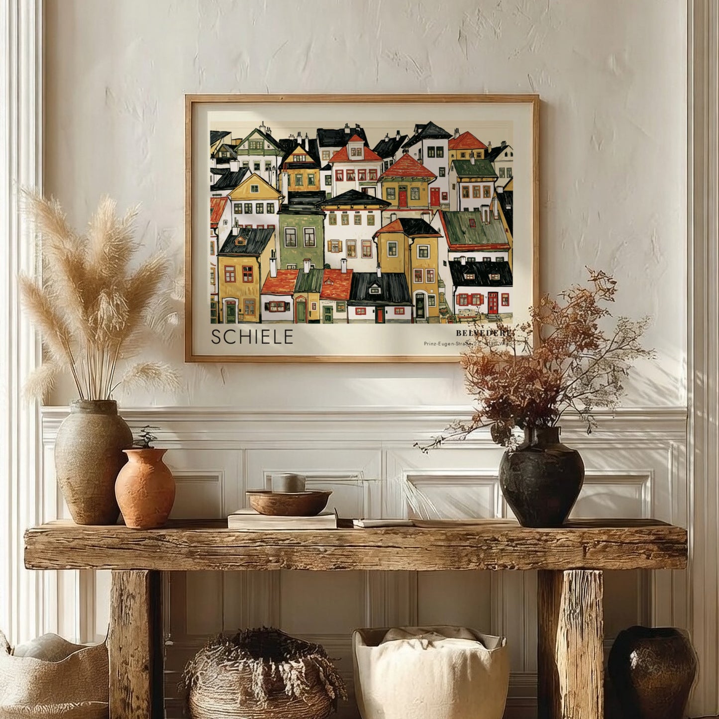 Wall art poster featuring an Egon Schiele cityscape with dense houses and houses