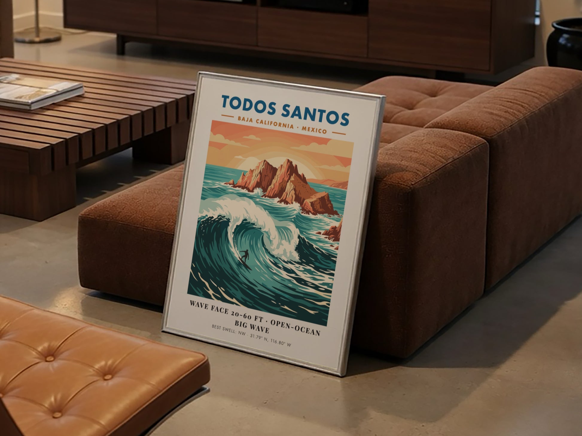 Todos Santos surf poster featuring a lone surfer on a massive blue wave