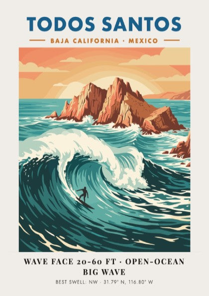 Todos Santos surf poster featuring a lone surfer on a massive blue wave